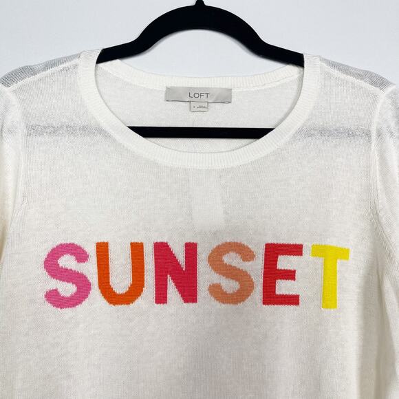 New LOFT Small S Cream Sunset Linen Sweater 3/4 Sleeve Crew Neck Lightweight - Picture 3 of 11